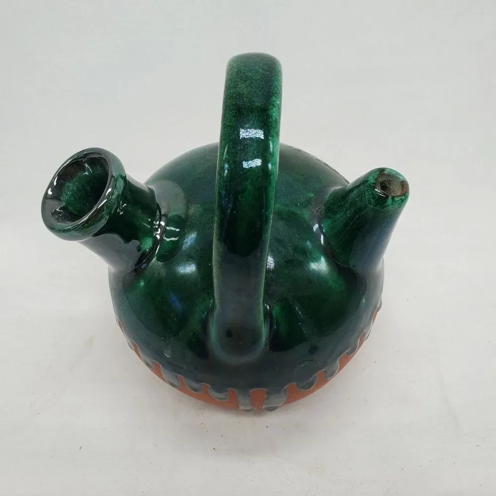 French Clay Terracotta Green Drip Glazed Gargoulette Pottery 10 x 7 liquor Jug..